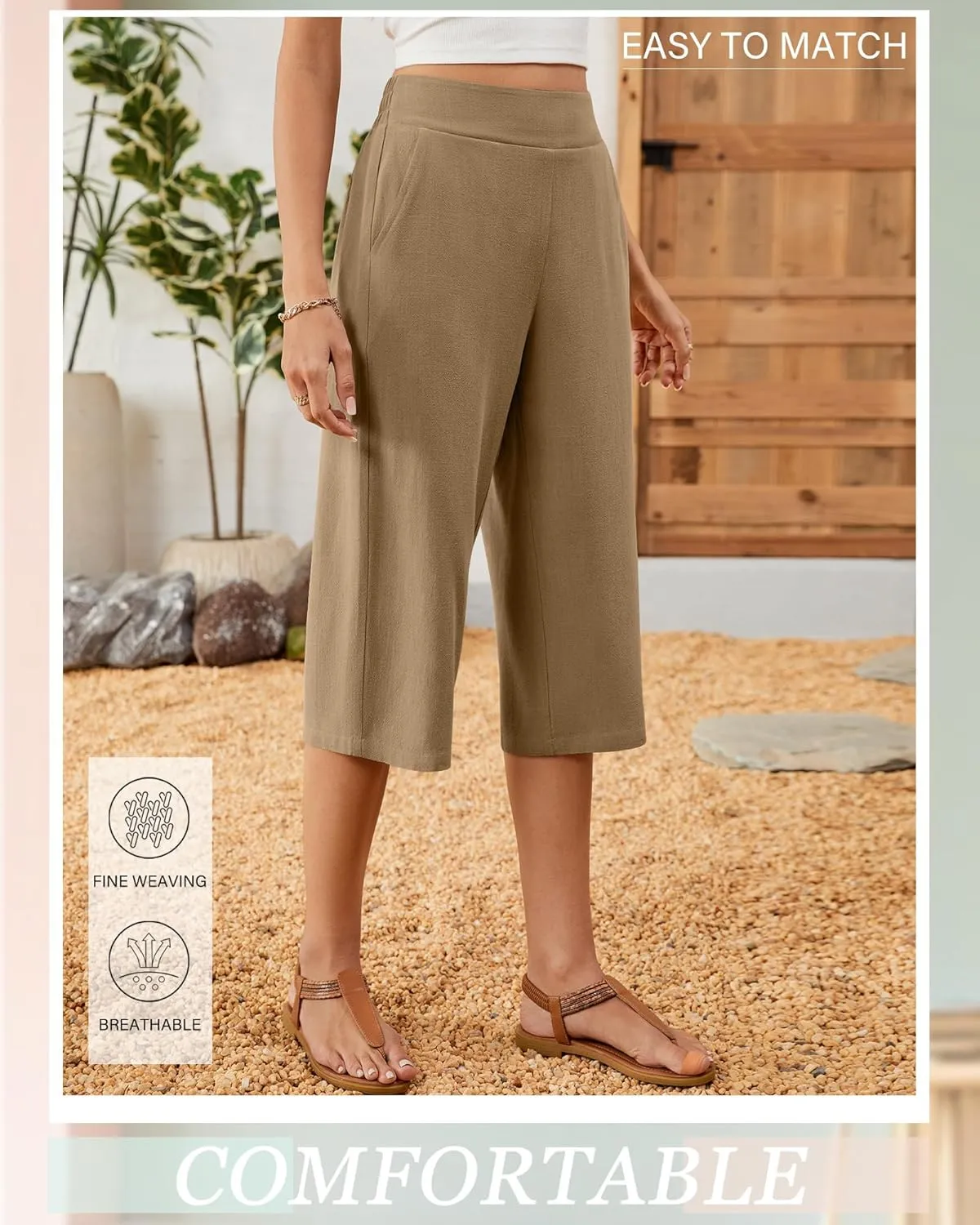 2 Pack Women's Linen Capri Pants Wide Leg Cropped Palazzo Trousers with Pockets High Waist Beach Summer Casual Pants