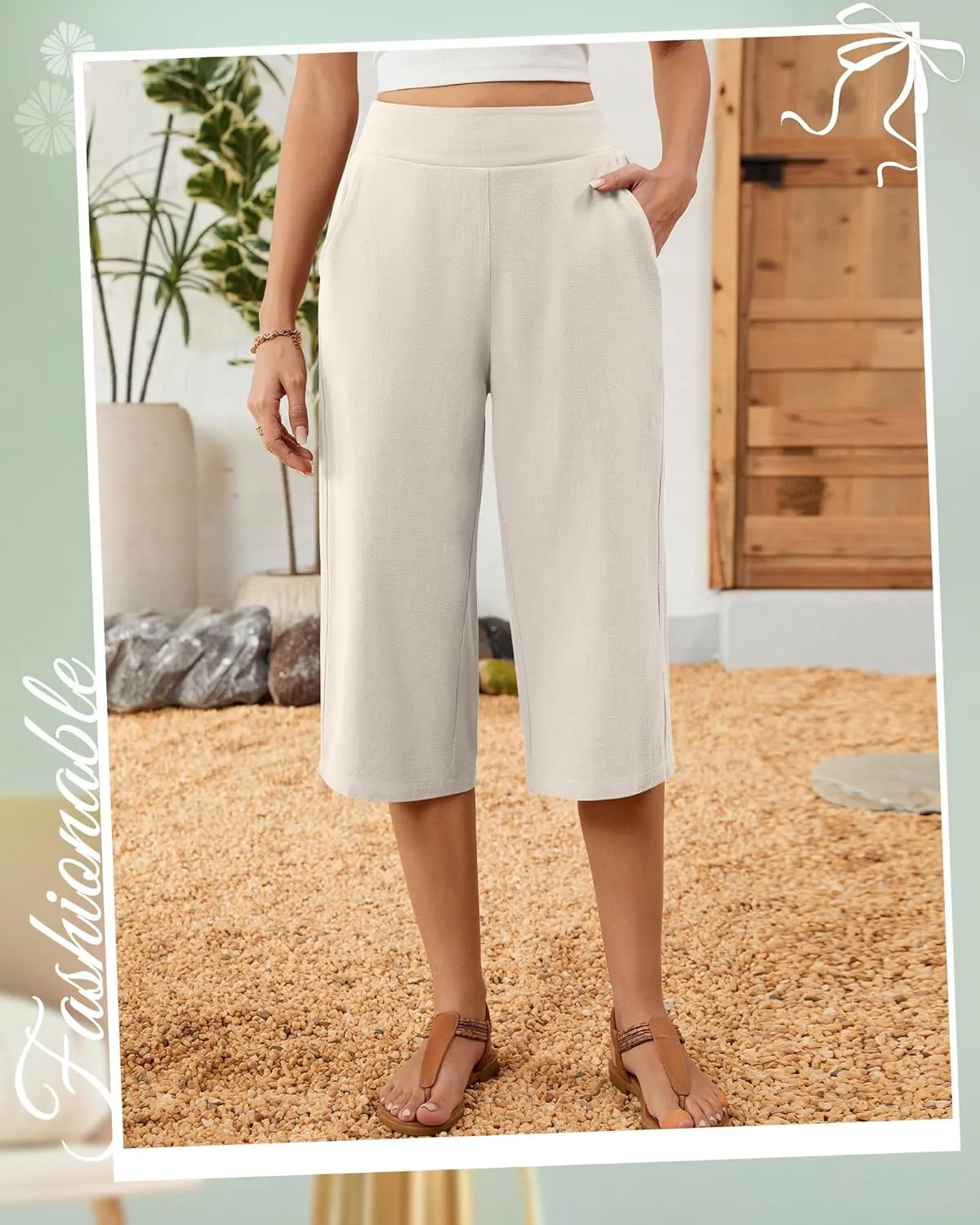 2 Pack Women's Linen Capri Pants Wide Leg Cropped Palazzo Trousers with Pockets High Waist Beach Summer Casual Pants