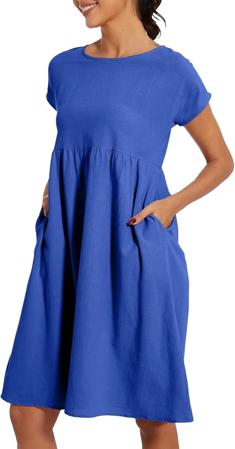 Casual Linen Dresses for Women Crewneck Summer Midi Dress with Pockets Solid Plus Size Short Sleeve T Shirt Dress