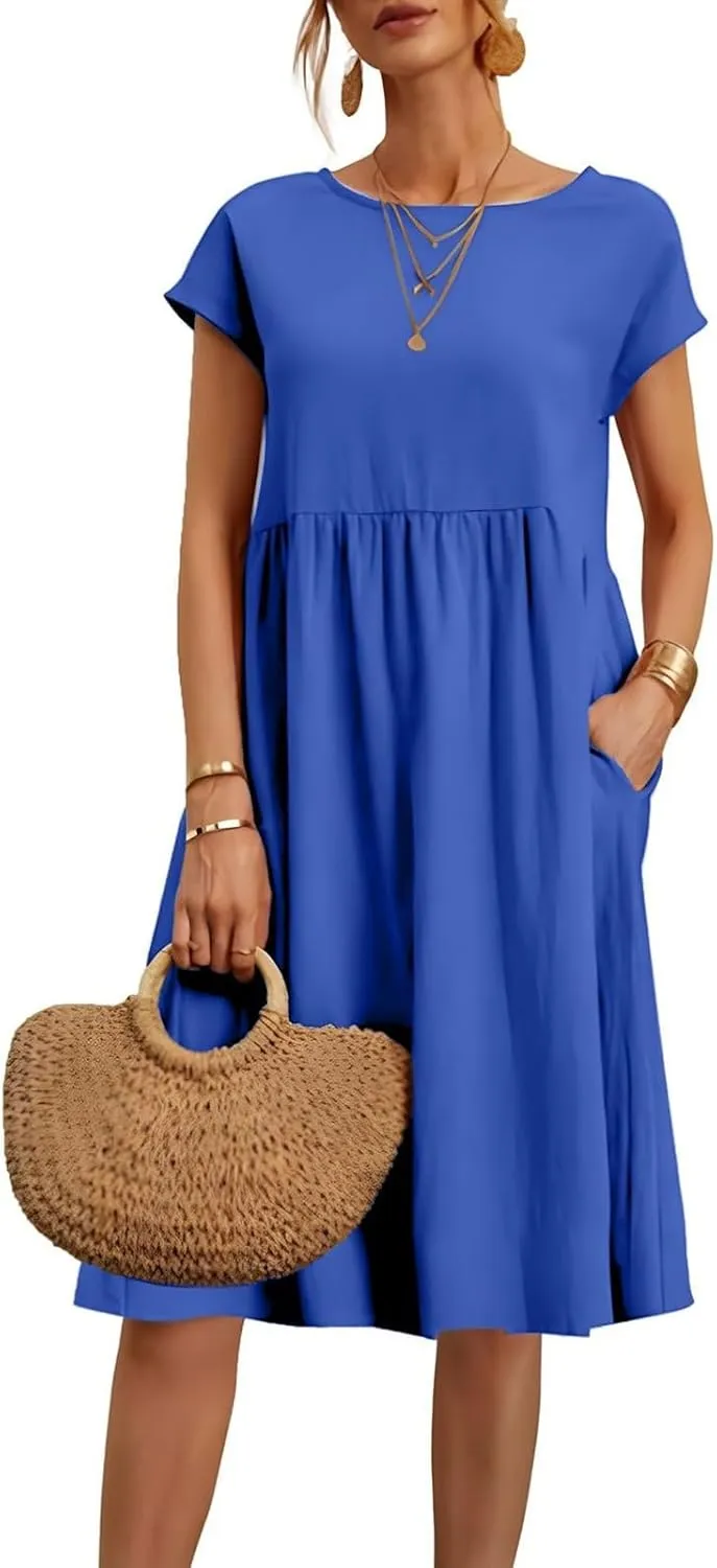 Casual Linen Dresses for Women Crewneck Summer Midi Dress with Pockets Solid Plus Size Short Sleeve T Shirt Dress