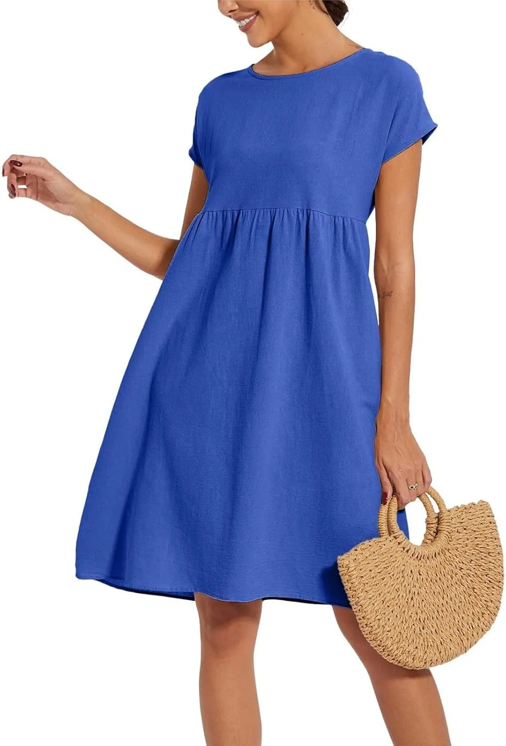 Casual Linen Dresses for Women Crewneck Summer Midi Dress with Pockets Solid Plus Size Short Sleeve T Shirt Dress