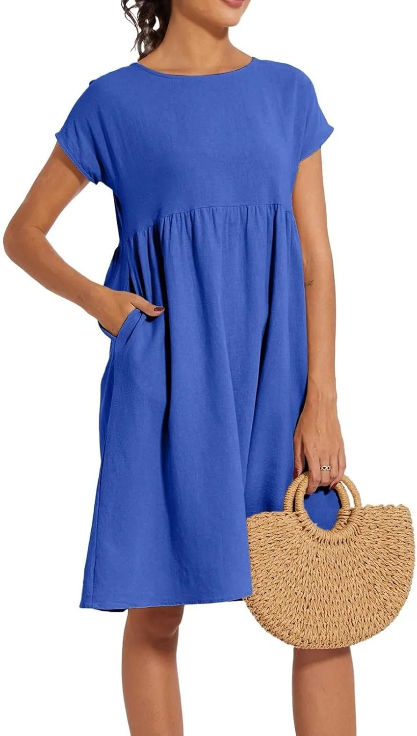 Casual Linen Dresses for Women Crewneck Summer Midi Dress with Pockets Solid Plus Size Short Sleeve T Shirt Dress