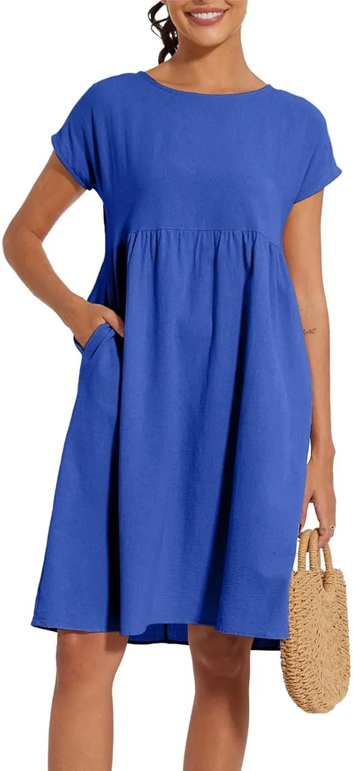 Casual Linen Dresses for Women Crewneck Summer Midi Dress with Pockets Solid Plus Size Short Sleeve T Shirt Dress