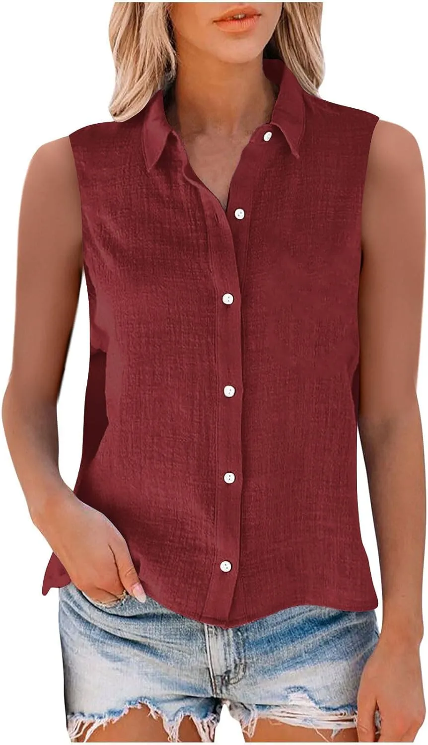 Cotton Gauze Tank Shirts for Women Sleeveless Collared Top Oversized Button Down Office Blouse Casual Summer Shirt