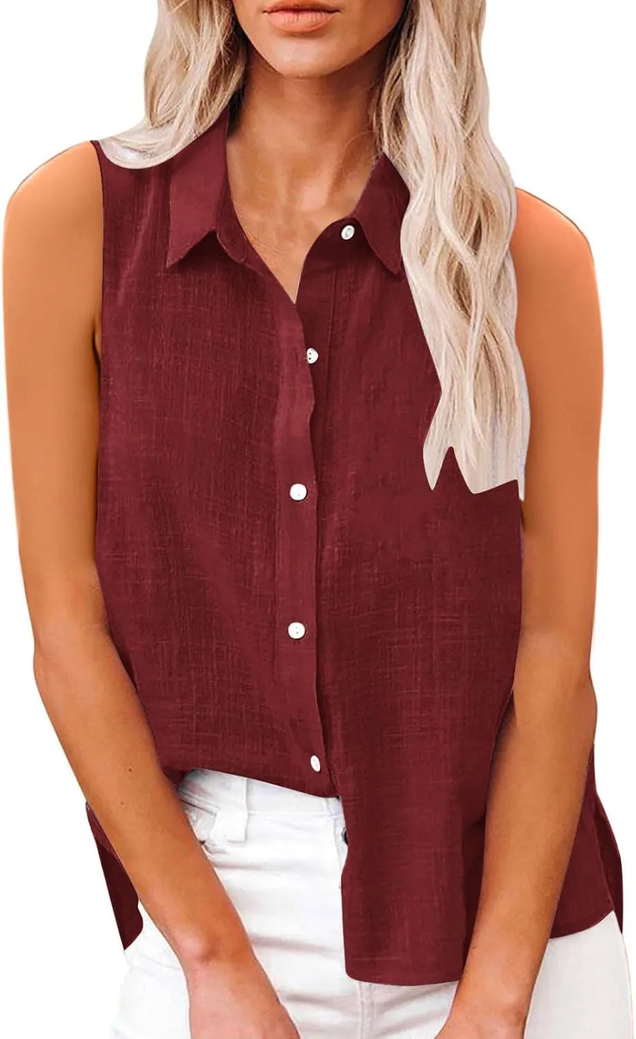 Cotton Gauze Tank Shirts for Women Sleeveless Collared Top Oversized Button Down Office Blouse Casual Summer Shirt