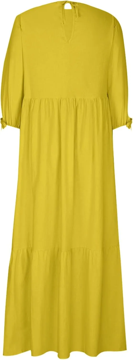 Cotton Linen Dress for Women Summer Casual Loose Long Sleeve Crew Neck Dress Loose Tiered Flowy Beach Maxi Long Dress