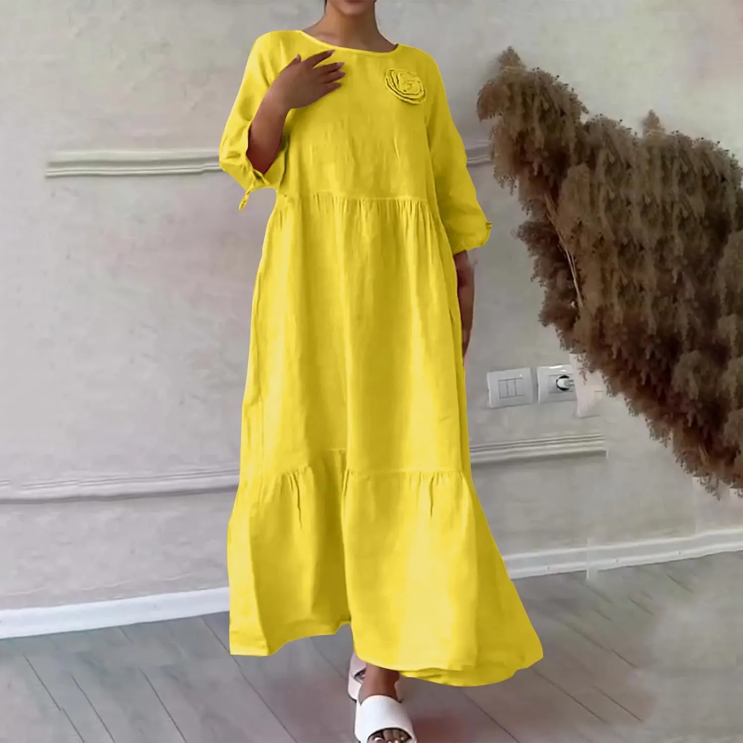 Cotton Linen Dress for Women Summer Casual Loose Long Sleeve Crew Neck Dress Loose Tiered Flowy Beach Maxi Long Dress