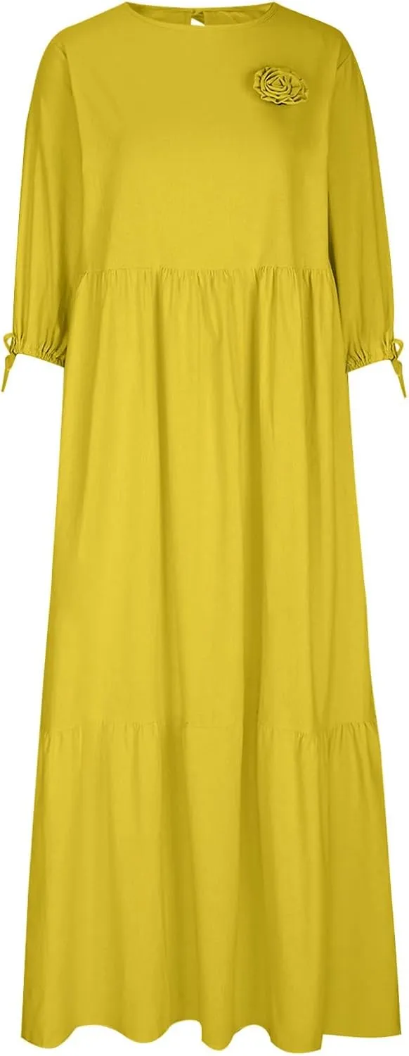 Cotton Linen Dress for Women Summer Casual Loose Long Sleeve Crew Neck Dress Loose Tiered Flowy Beach Maxi Long Dress