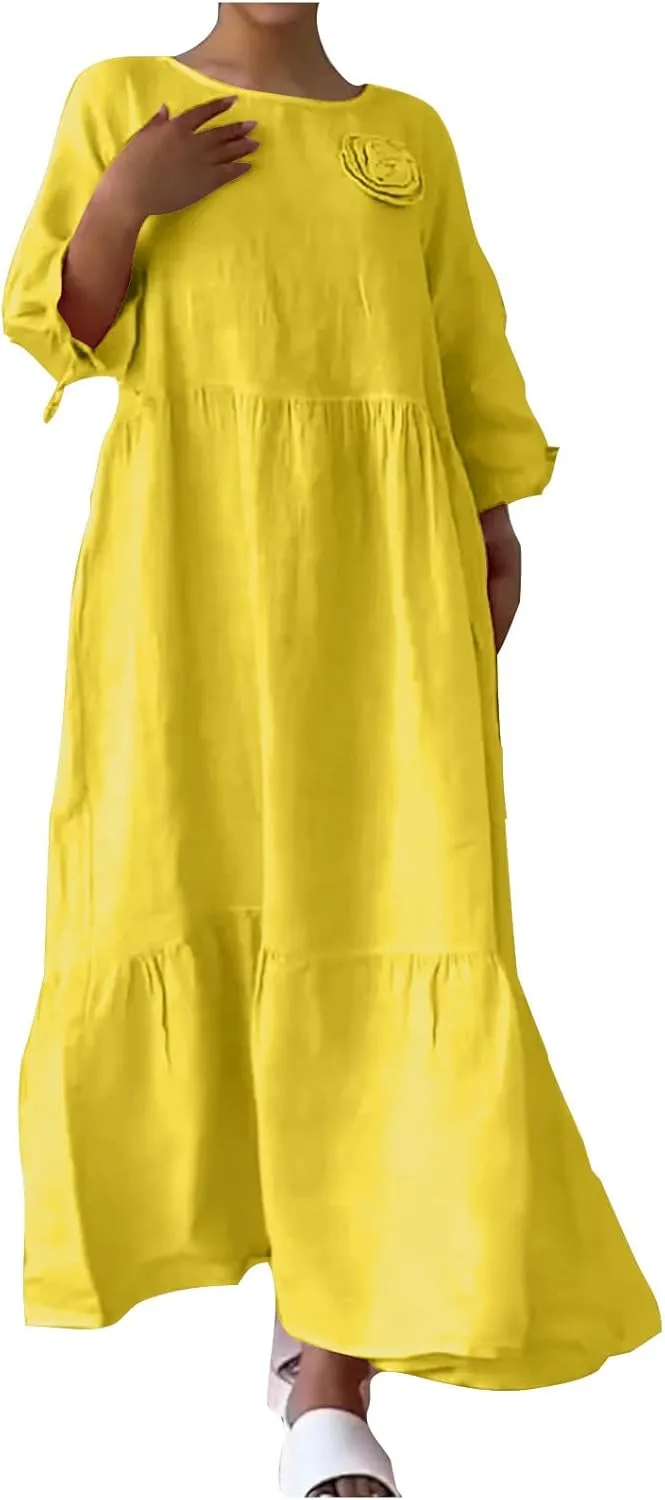 Cotton Linen Dress for Women Summer Casual Loose Long Sleeve Crew Neck Dress Loose Tiered Flowy Beach Maxi Long Dress