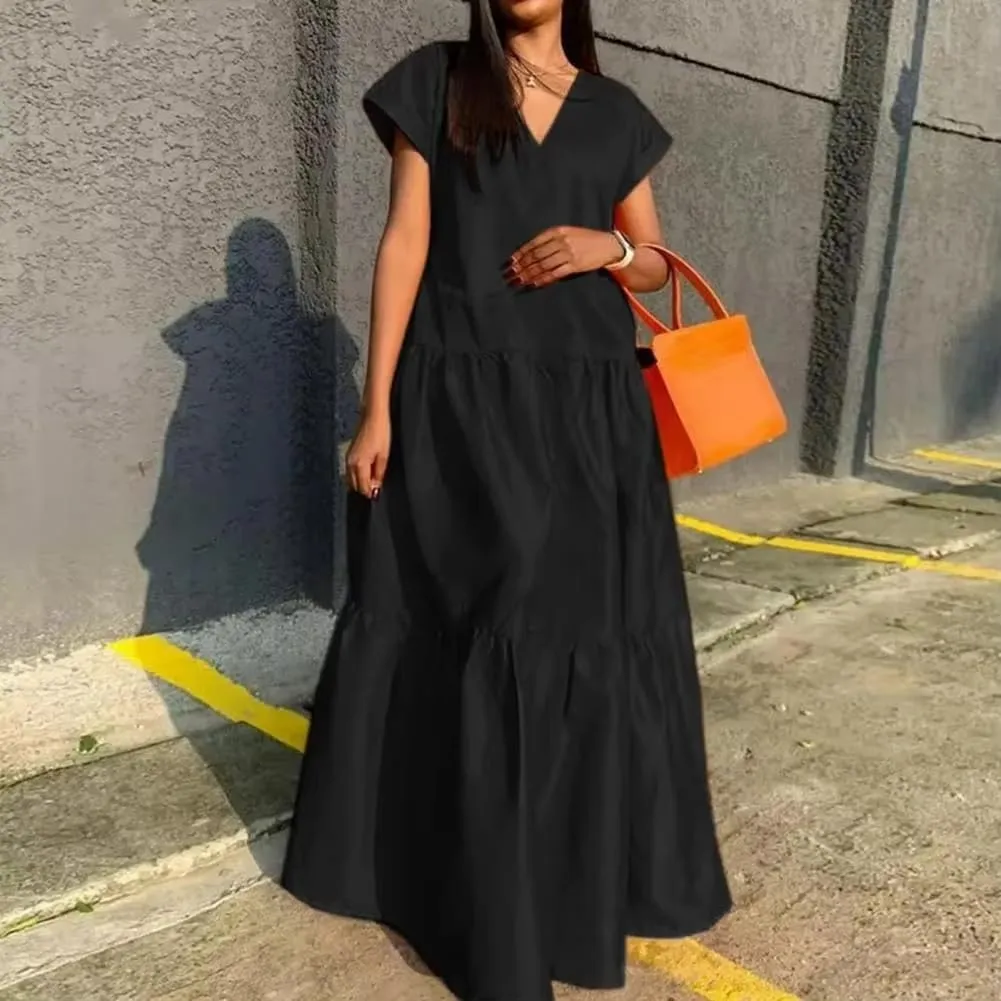 GUOYUXIAO Women's V-Neck Patchwork Dress Loose Skirt
