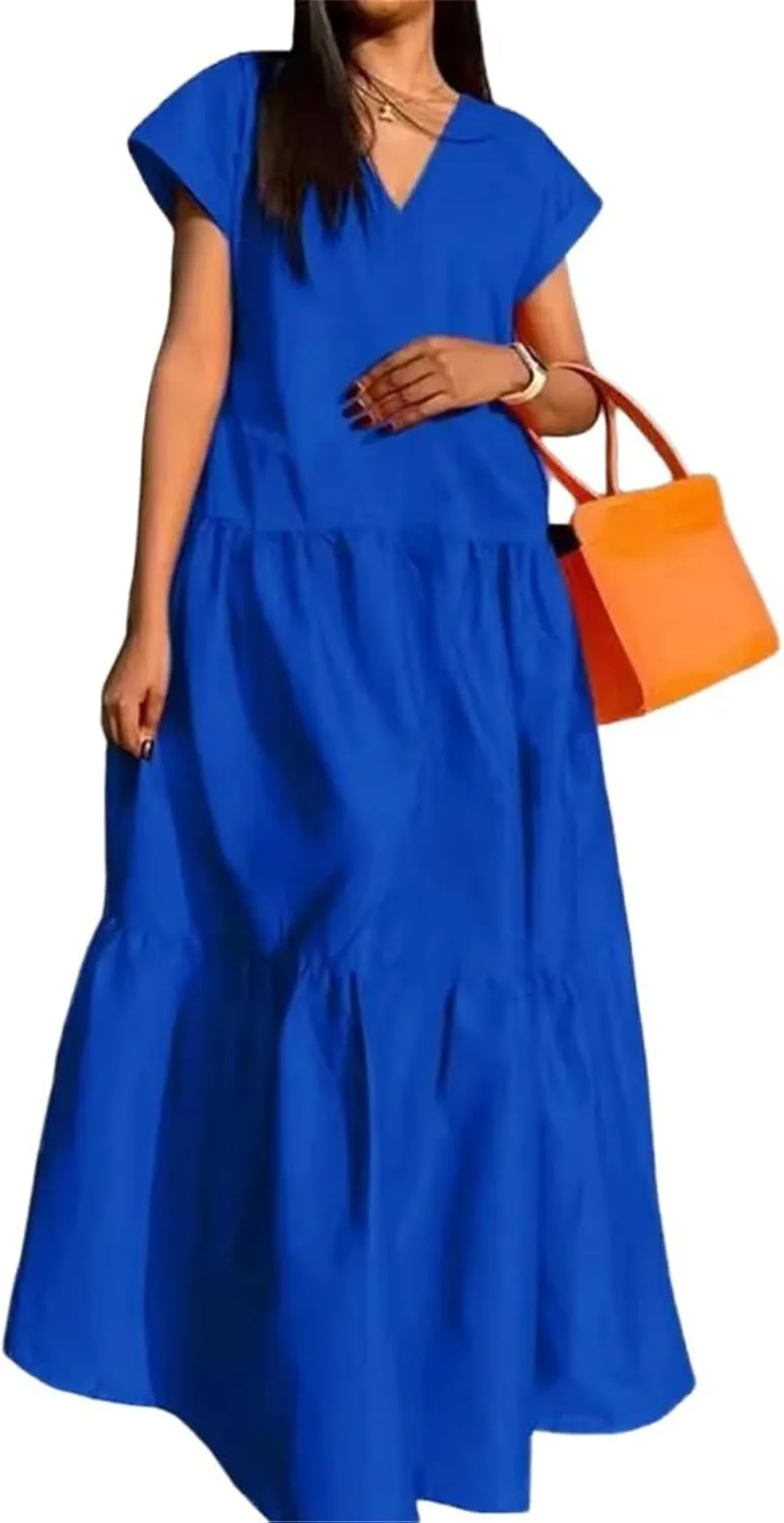 GUOYUXIAO Women's V-Neck Patchwork Dress Loose Skirt