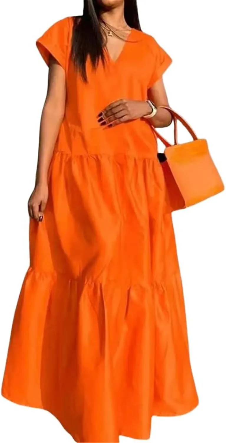 GUOYUXIAO Women's V-Neck Patchwork Dress Loose Skirt