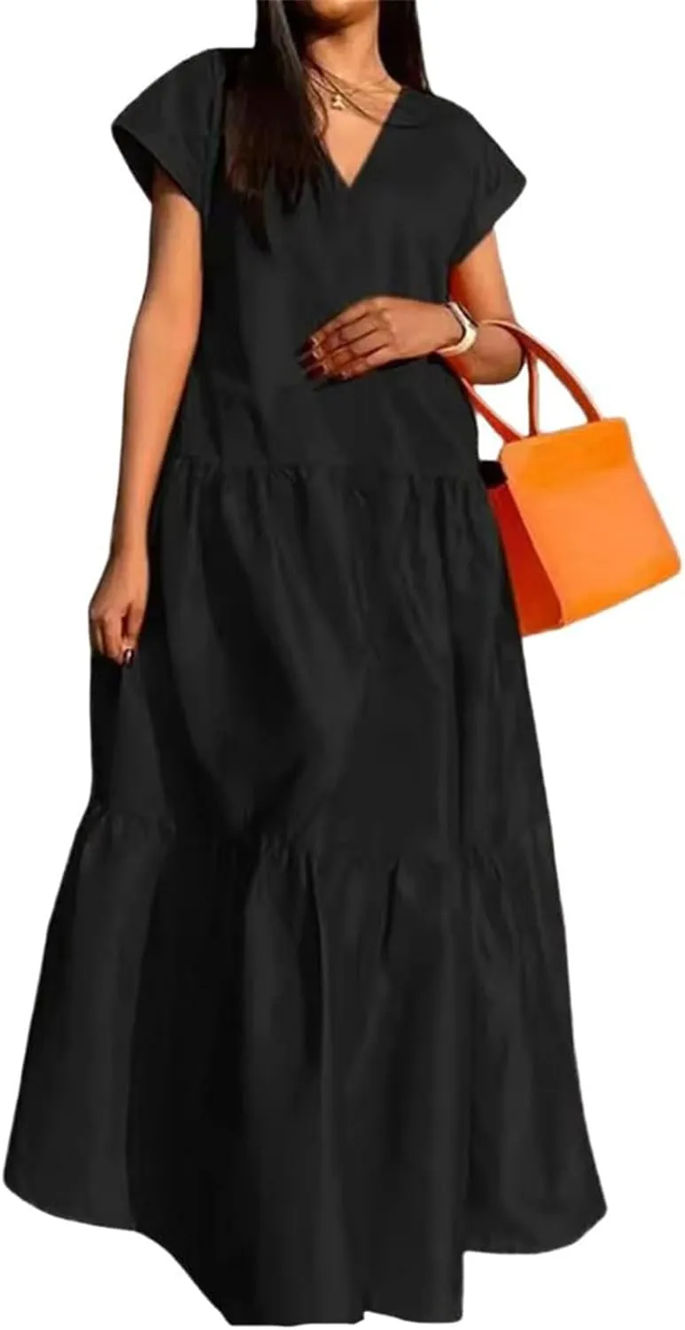 GUOYUXIAO Women's V-Neck Patchwork Dress Loose Skirt