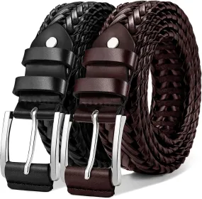 KEMISANT Mens belt 2 Pack, Woven Braided Leather Belt for Gift Men Causal Golf Pants Polo Shirts Matching
