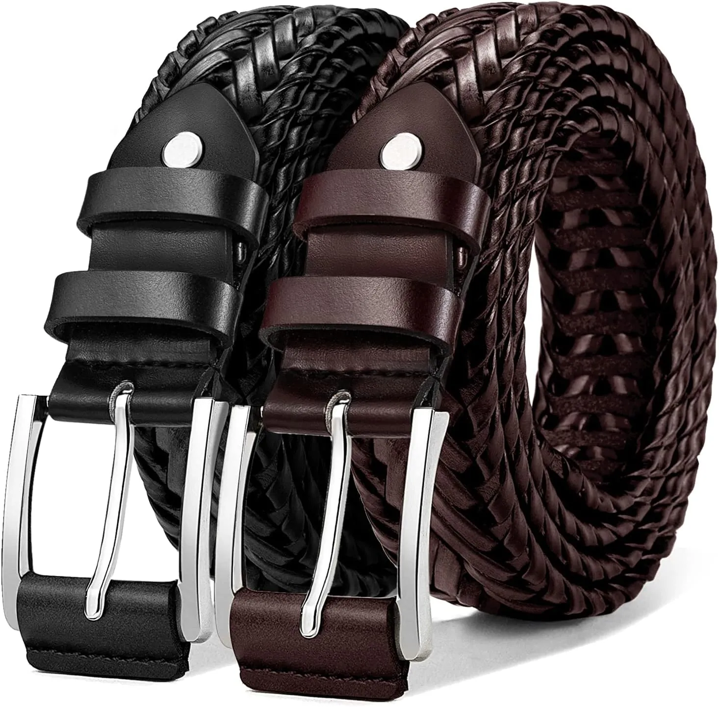 KEMISANT Mens belt 2 Pack, Woven Braided Leather Belt for Gift Men Causal Golf Pants Polo Shirts Matching