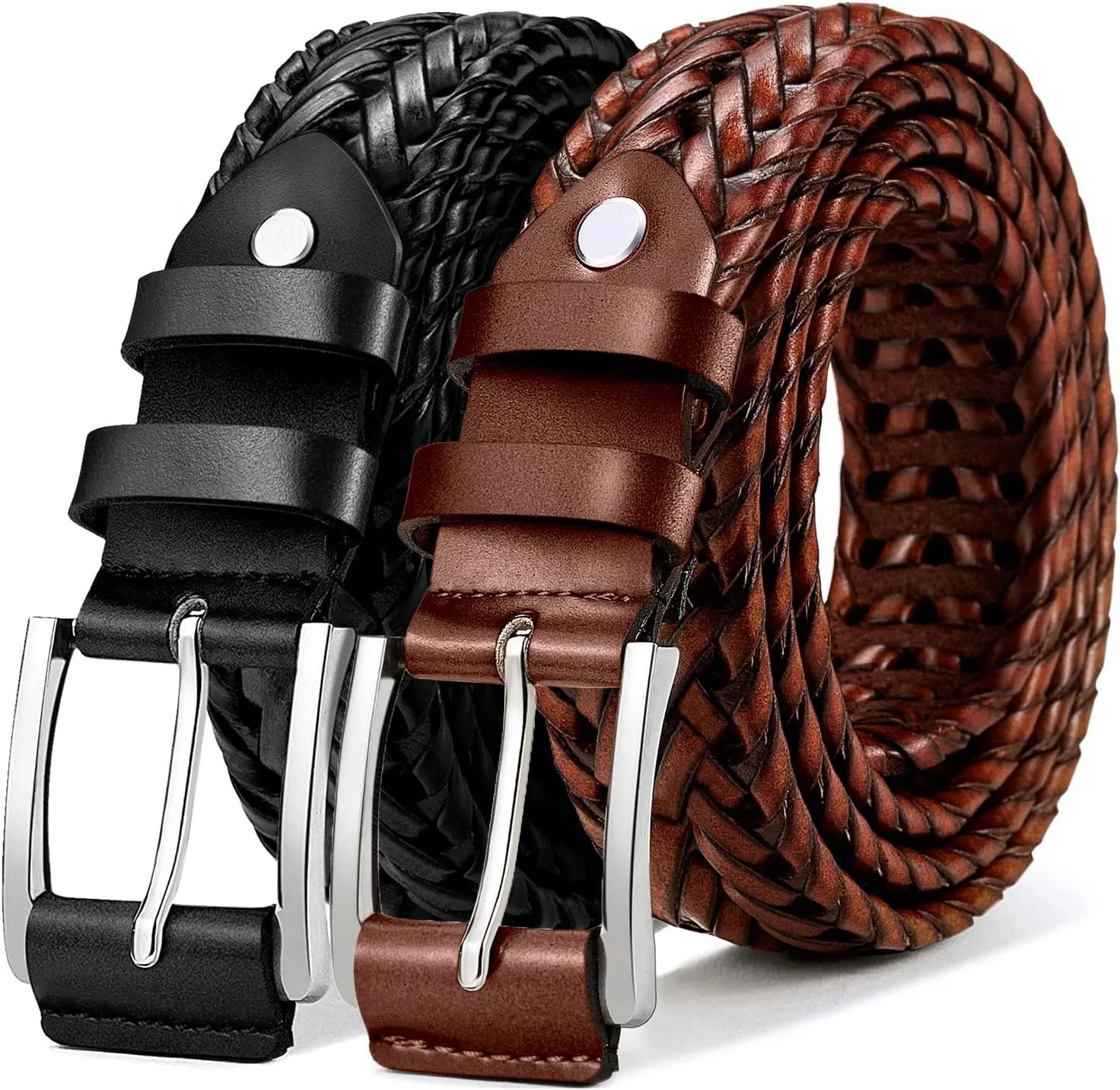 KEMISANT Mens belt 2 Pack, Woven Braided Leather Belt for Gift Men Causal Golf Pants Polo Shirts Matching