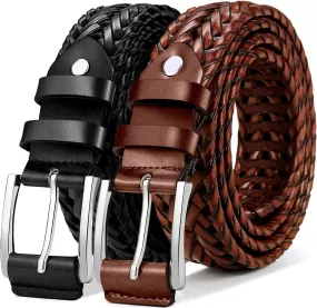 KEMISANT Mens belt 2 Pack, Woven Braided Leather Belt for Gift Men Causal Golf Pants Polo Shirts Matching