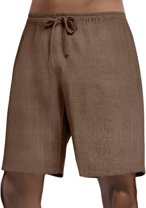 Mens Casual Cotton Linen Shorts - Elastic Waist Drawstring Summer Beach Shorts with Pockets, Light Weight Workout Pants