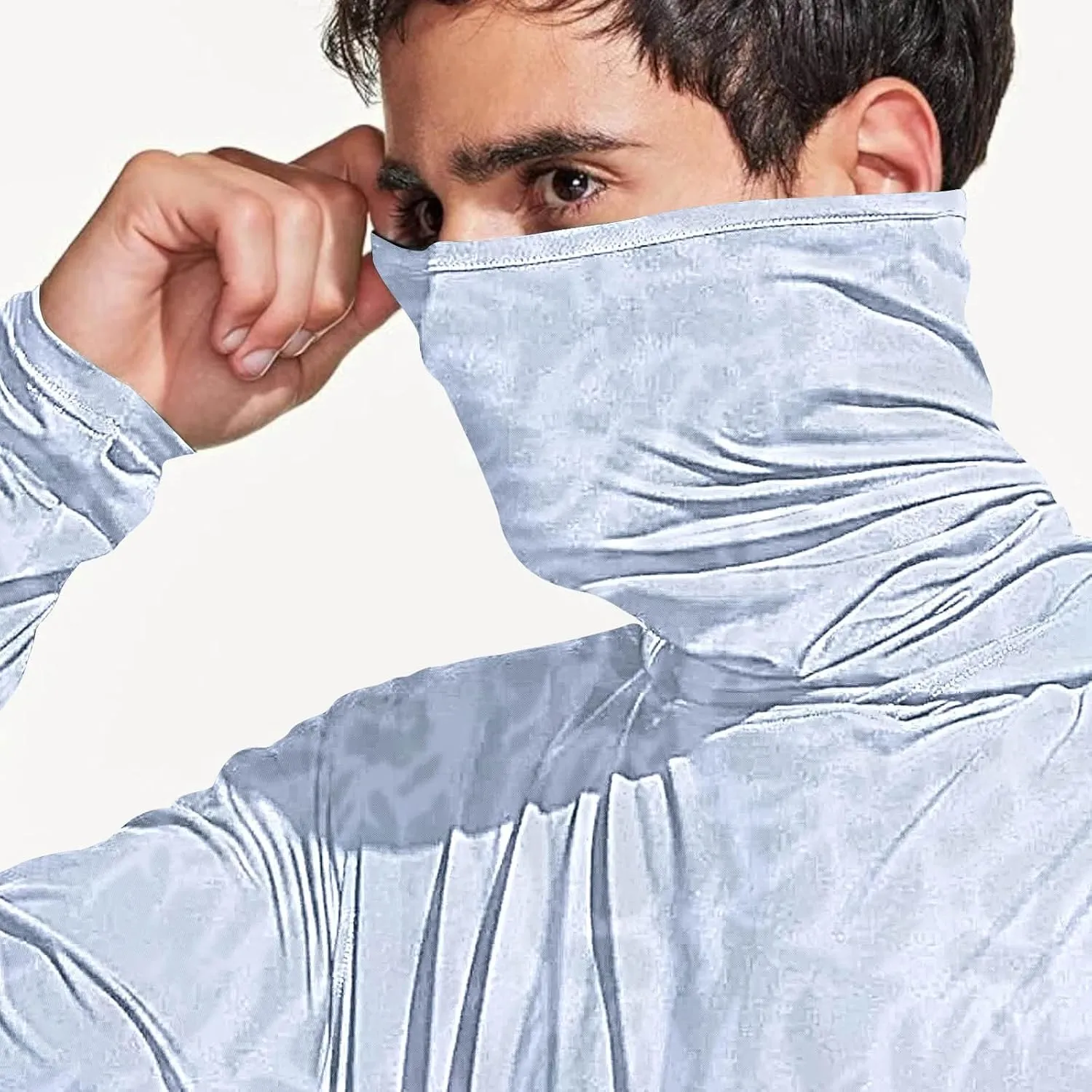 Men's Sun Protection Hoodie Shirts Long Sleeve with Face Mask UPF 50  Fishing Hiking Shirts UV Sun Rash Guard Tops