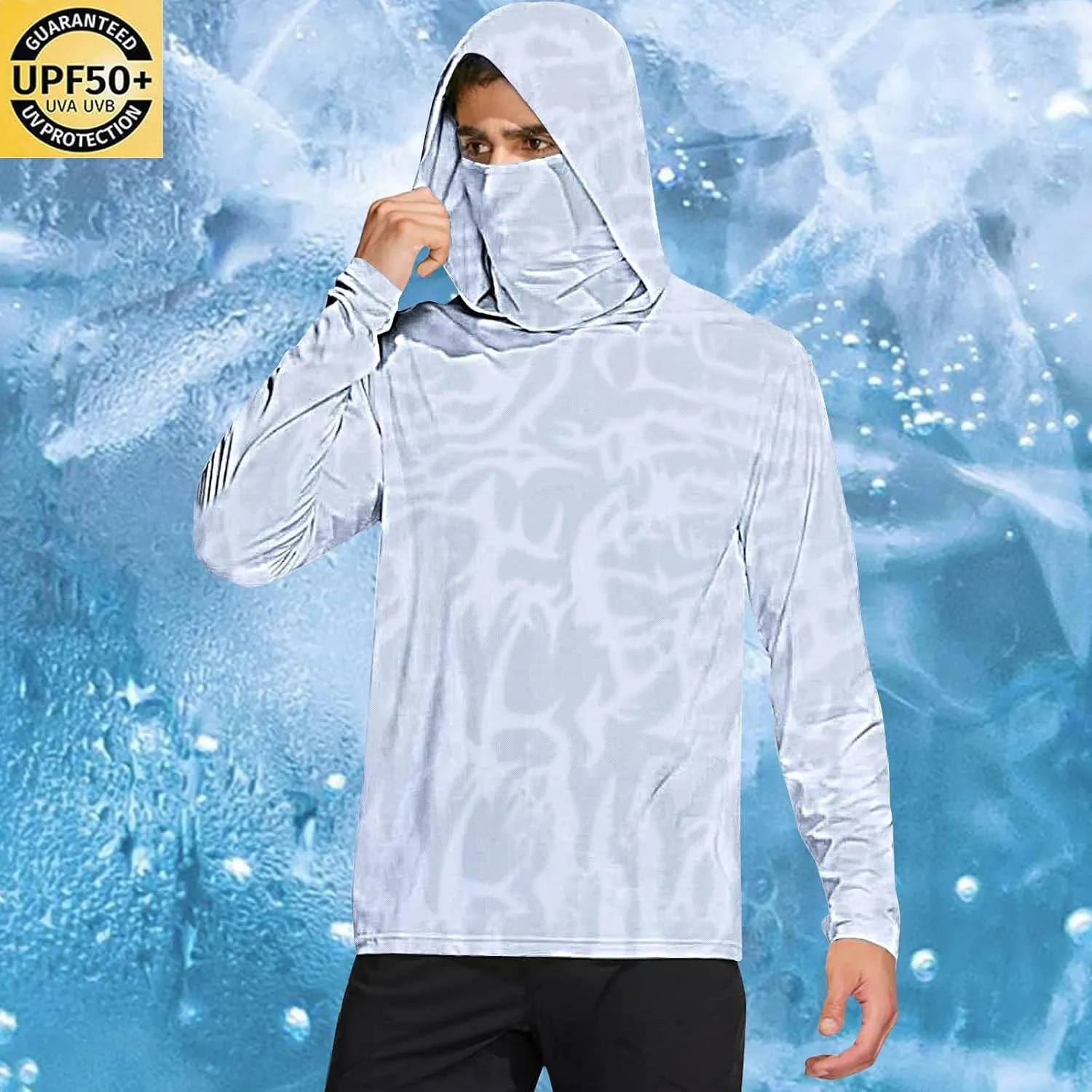 Men's Sun Protection Hoodie Shirts Long Sleeve with Face Mask UPF 50  Fishing Hiking Shirts UV Sun Rash Guard Tops