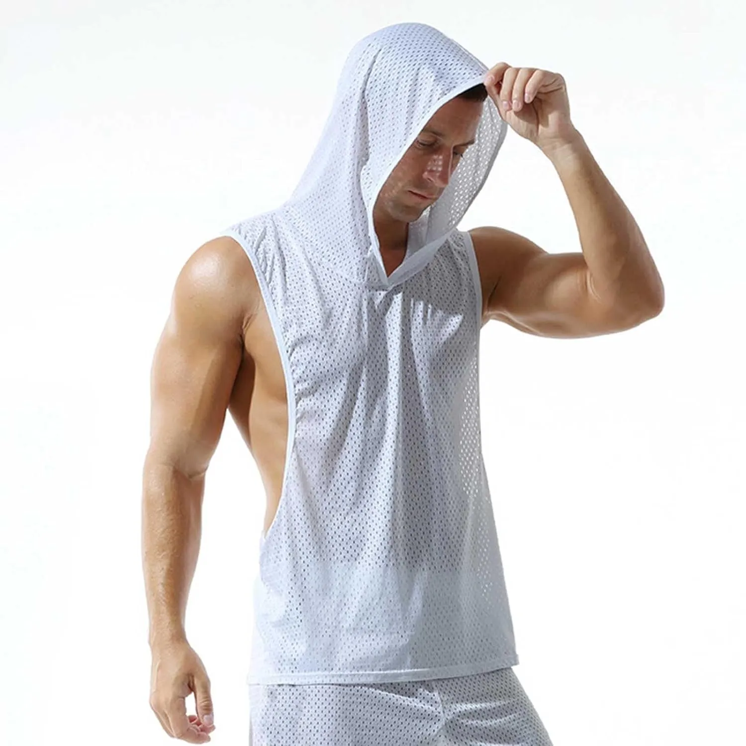Mesh Hollow Out Sleeveless Hoodie for Men Training Fitness Workout Cut Open Tank Casual Fashion Quick Drying Tops