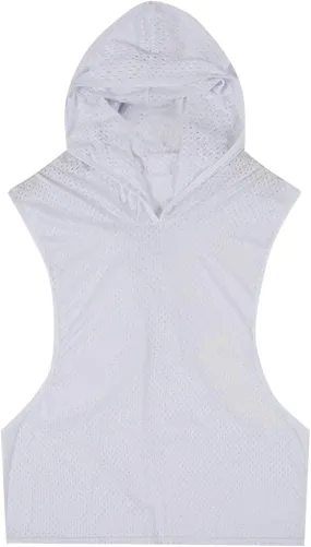 Mesh Hollow Out Sleeveless Hoodie for Men Training Fitness Workout Cut Open Tank Casual Fashion Quick Drying Tops
