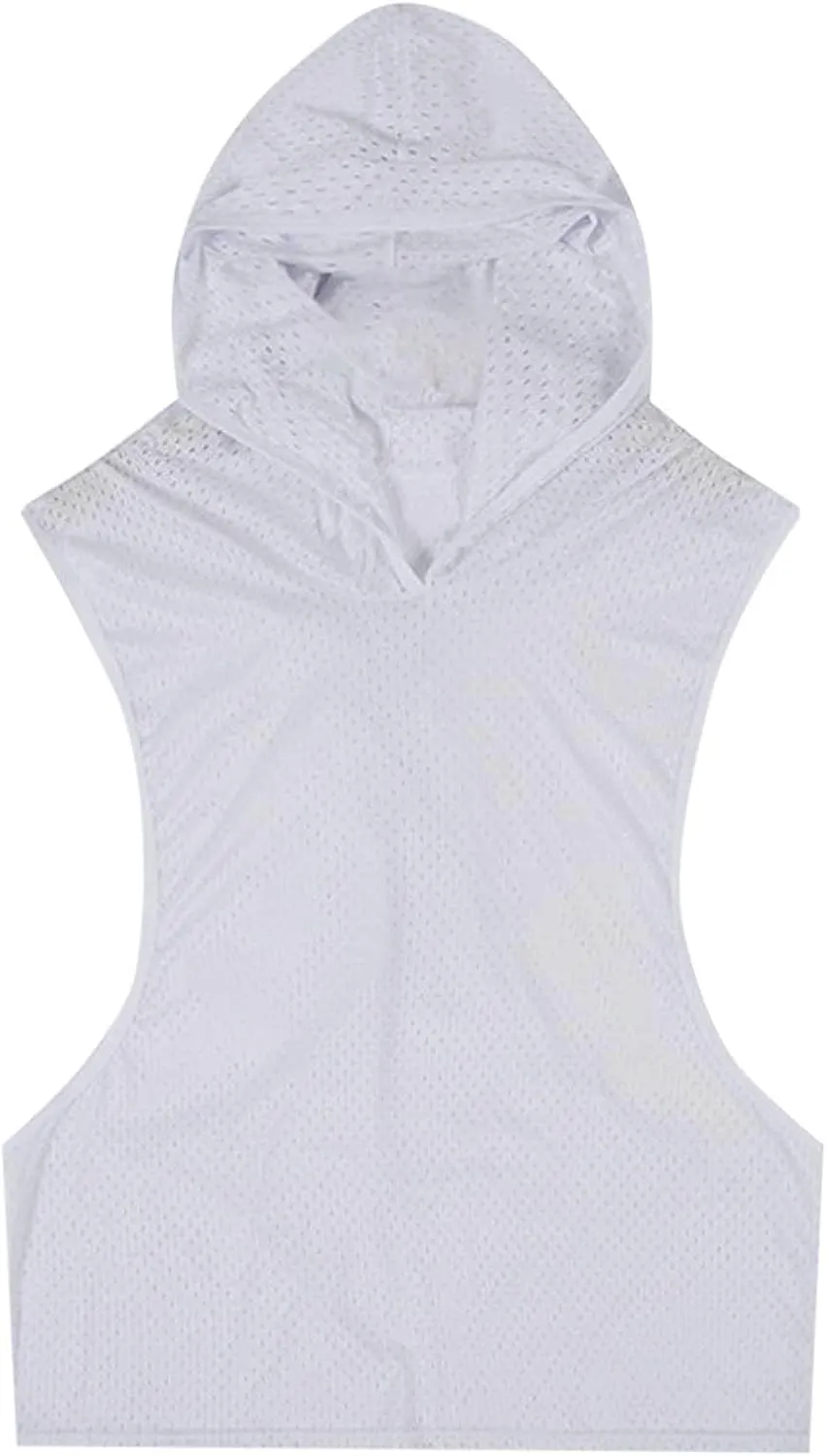 Mesh Hollow Out Sleeveless Hoodie for Men Training Fitness Workout Cut Open Tank Casual Fashion Quick Drying Tops