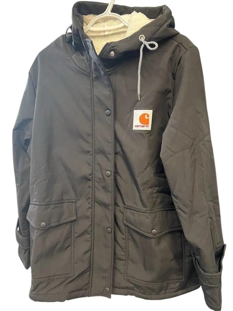 NEW Drepurja Carhartt Dupe Jacket for Women Logo Front Winter Warm Long Sleeve Jacket Zip Up Hoodie Sherpa Lined Thermal Jacket, Black, Sz M