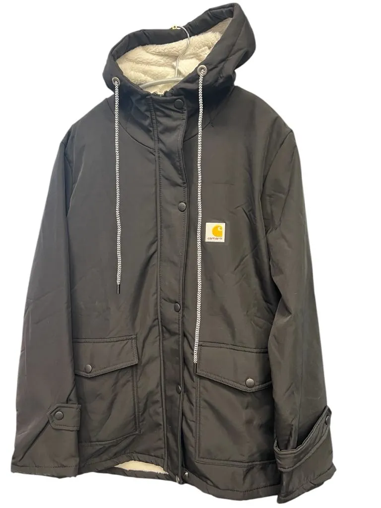 NEW Drepurja Carhartt Dupe Jacket for Women Logo Front Winter Warm Long Sleeve Jacket Zip Up Hoodie Sherpa Lined Thermal Jacket, Black, Sz M