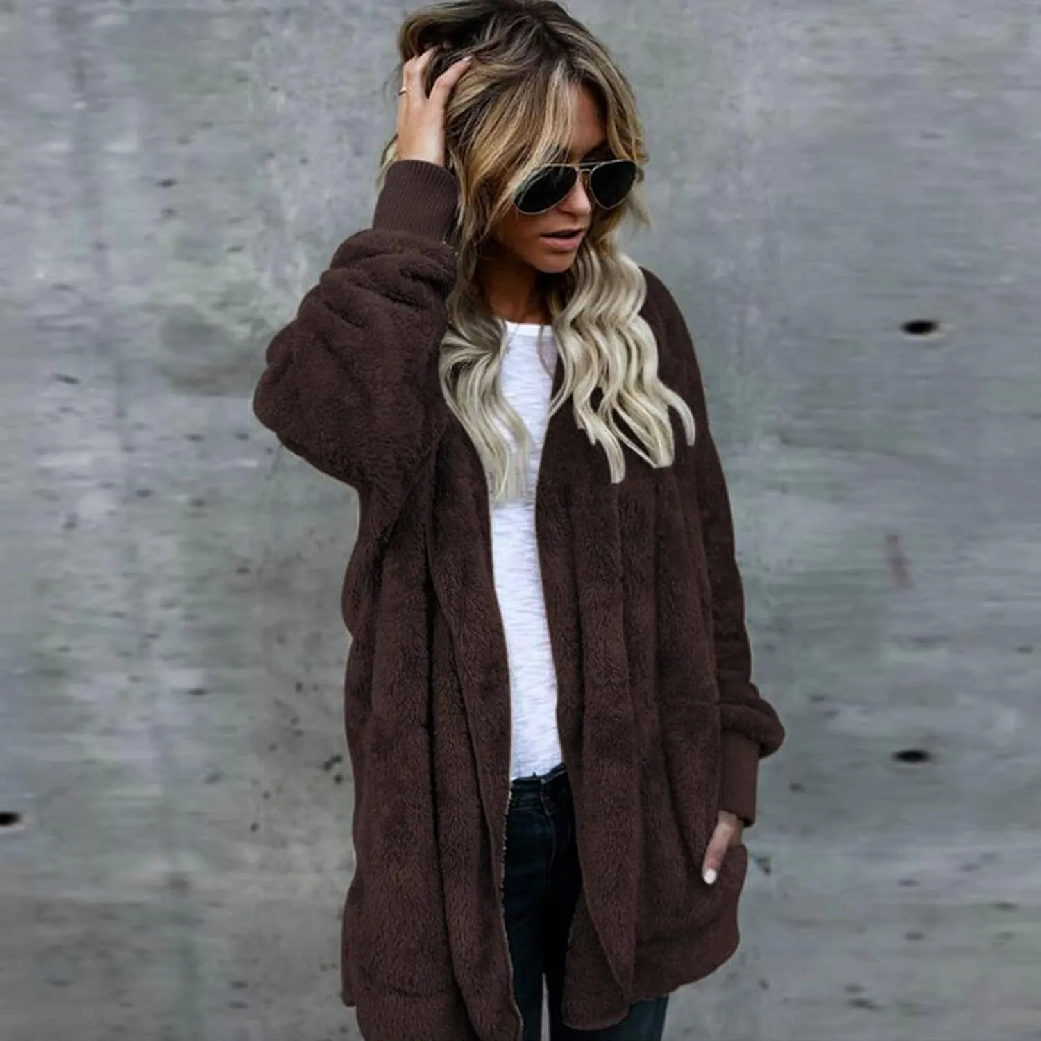 PETYCZEN Womens Fleece Jacket Winter Fuzzy Sherpa Lined Open Front Long Cardigan Coats Thermal Hooded Jackets with Pockets