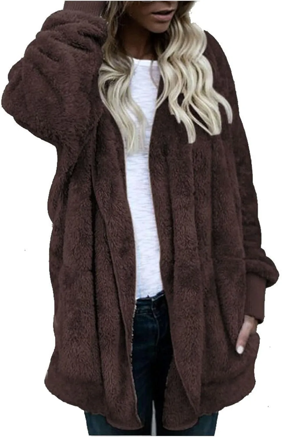 PETYCZEN Womens Fleece Jacket Winter Fuzzy Sherpa Lined Open Front Long Cardigan Coats Thermal Hooded Jackets with Pockets