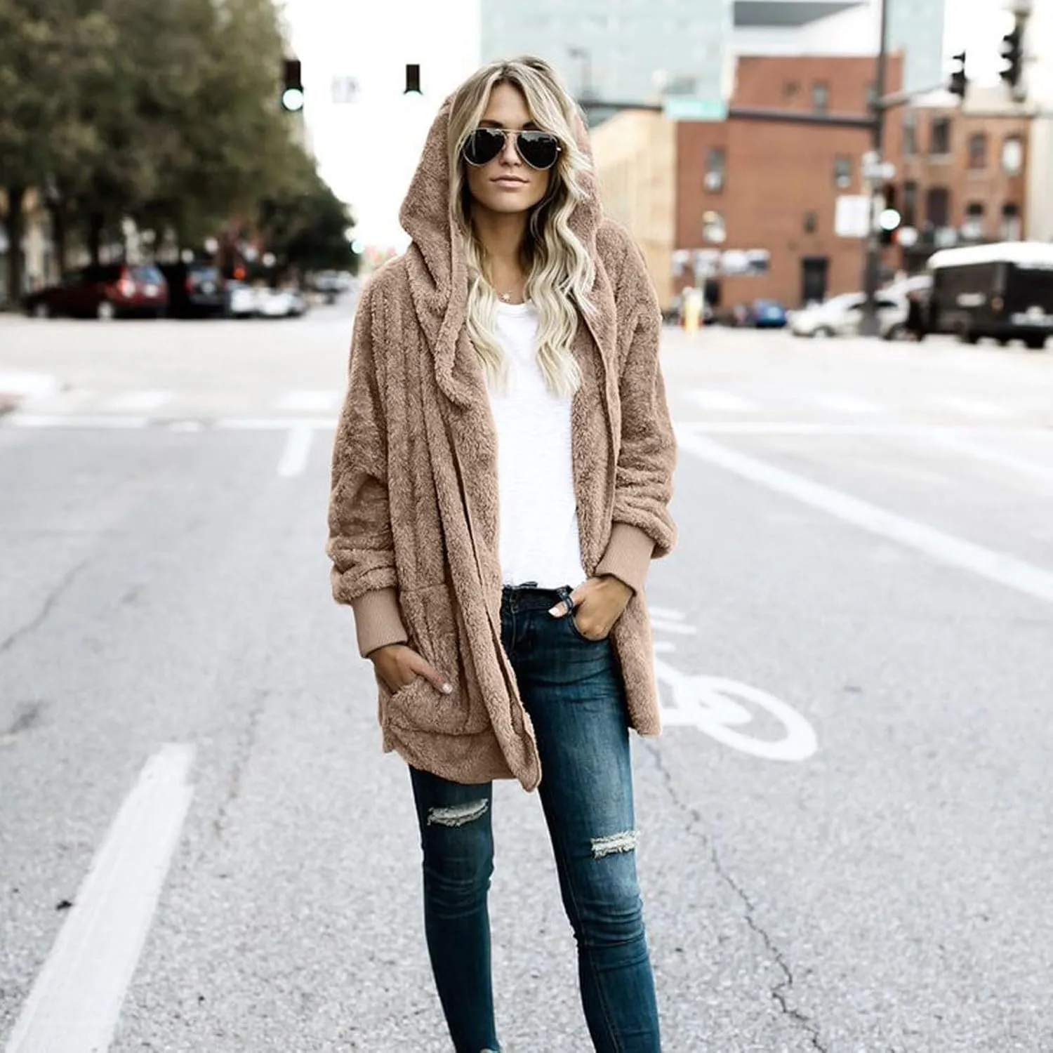 PETYCZEN Womens Fleece Jacket Winter Fuzzy Sherpa Lined Open Front Long Cardigan Coats Thermal Hooded Jackets with Pockets
