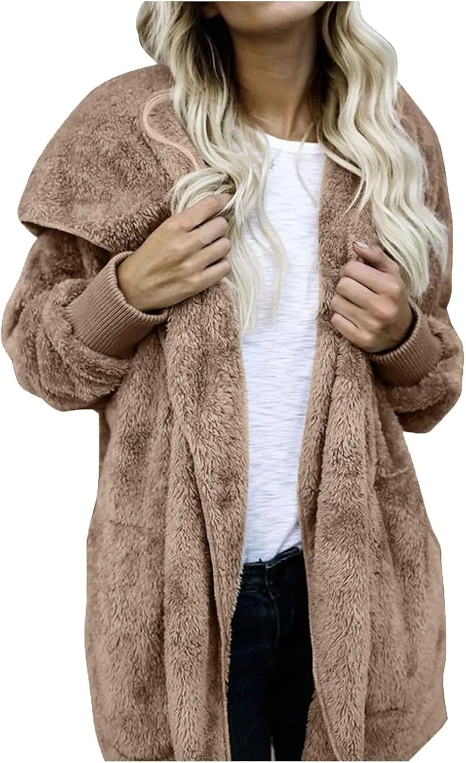 PETYCZEN Womens Fleece Jacket Winter Fuzzy Sherpa Lined Open Front Long Cardigan Coats Thermal Hooded Jackets with Pockets
