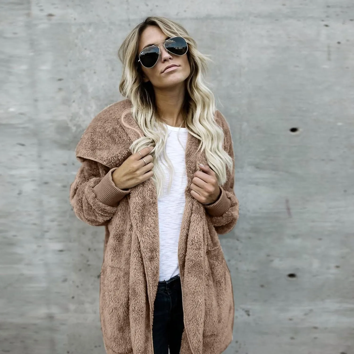 PETYCZEN Womens Fleece Jacket Winter Fuzzy Sherpa Lined Open Front Long Cardigan Coats Thermal Hooded Jackets with Pockets