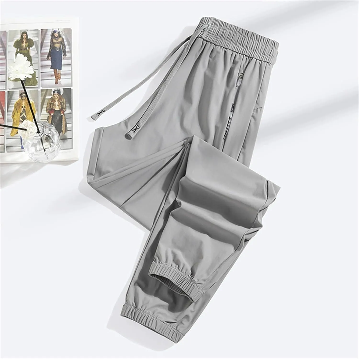 Sweat Pants Joggers for Men Ice Silk Plus Size Baggy Athletic Joggers Stretch Comfy Casual Long Elastic Waist Pants