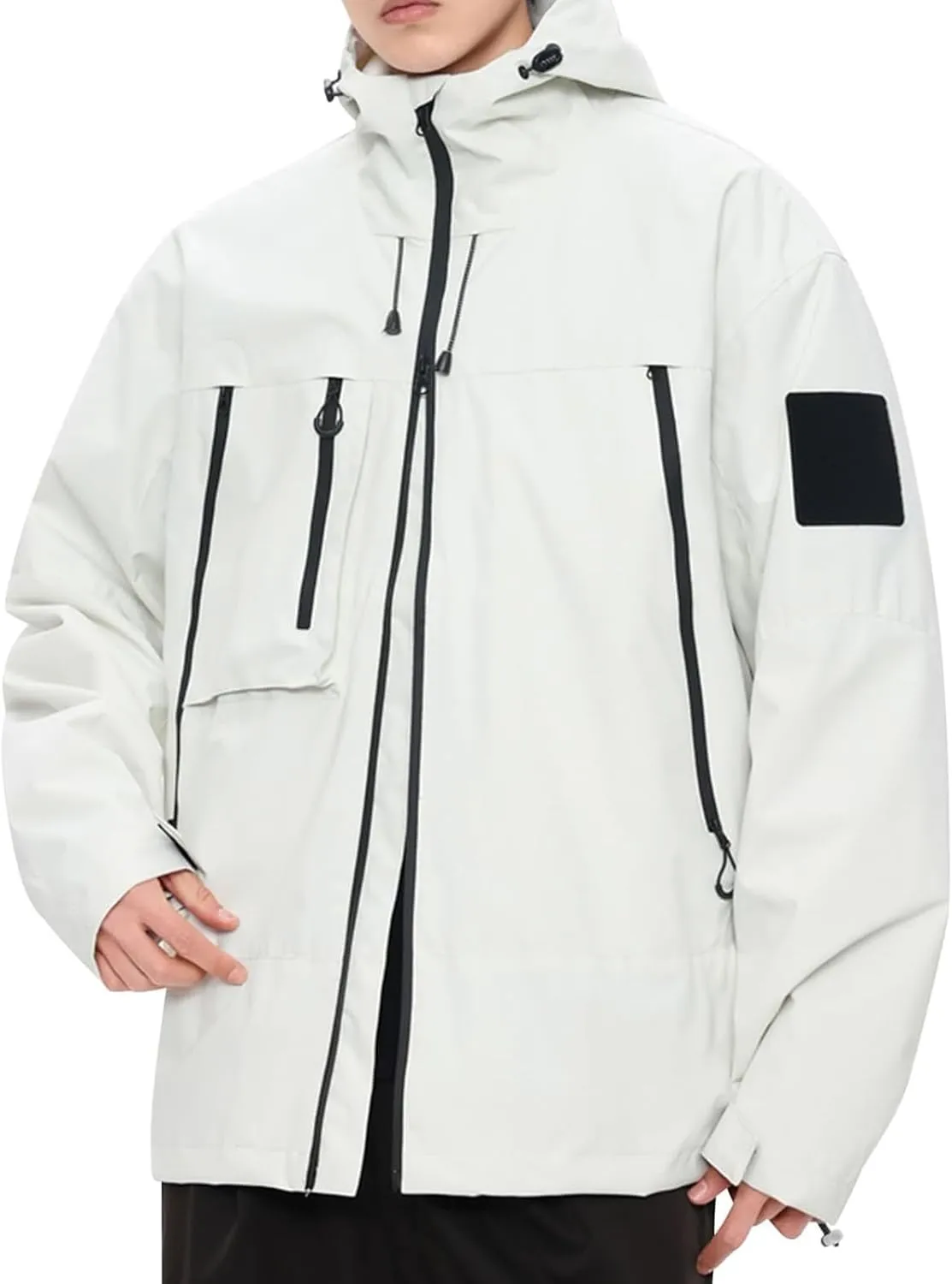 Waterproof Jacket for Men Casual Loose Cargo Hoodies Coat Zipper Long Sleeve Solid Outwear Jackets with Pockets