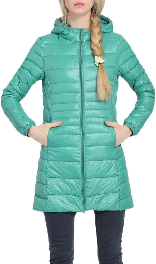 Women's Hooded Ultra Light Weight Coat Packable Outwear Long Puffer Down Jacket