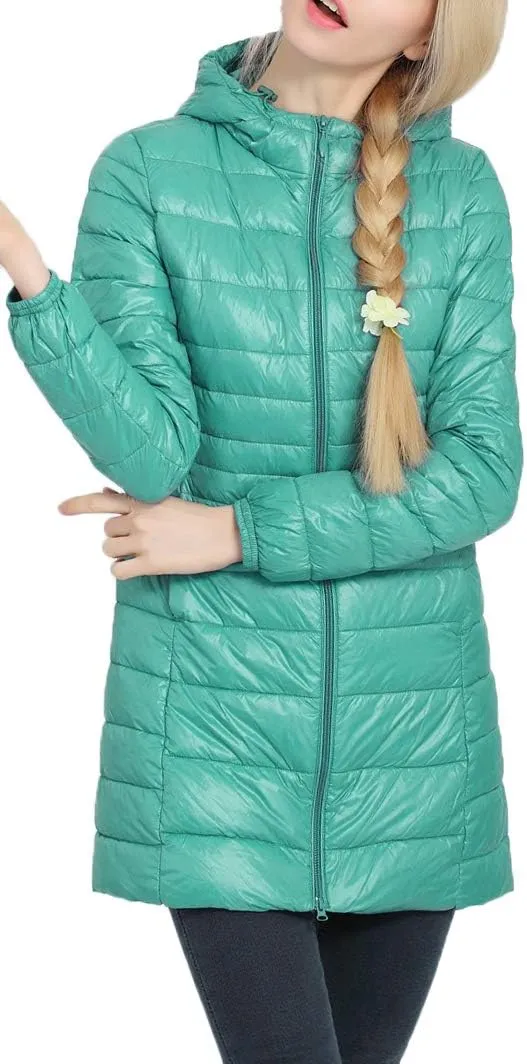 Women's Hooded Ultra Light Weight Coat Packable Outwear Long Puffer Down Jacket