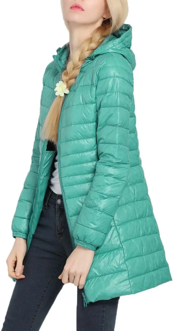 Women's Hooded Ultra Light Weight Coat Packable Outwear Long Puffer Down Jacket