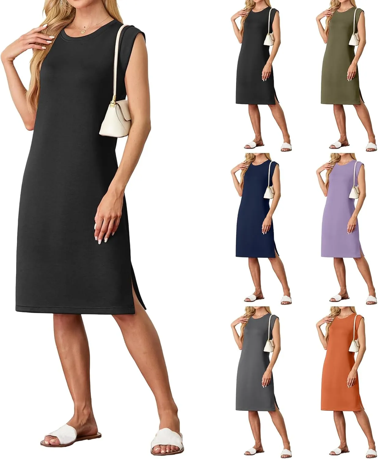 Womens Summer Mini Dress Loose Split Sleeveless Crewneck Midi Dress Lightweight Beach Vacation Tunic Dresses