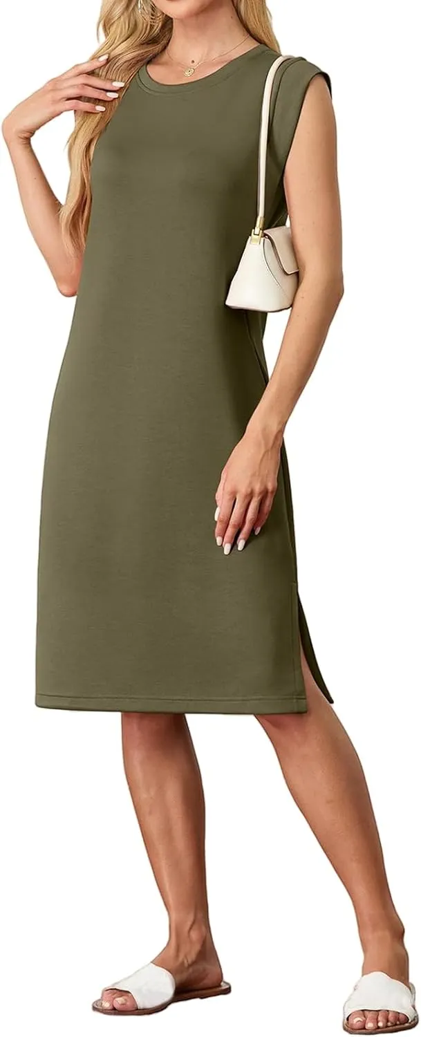 Womens Summer Mini Dress Loose Split Sleeveless Crewneck Midi Dress Lightweight Beach Vacation Tunic Dresses