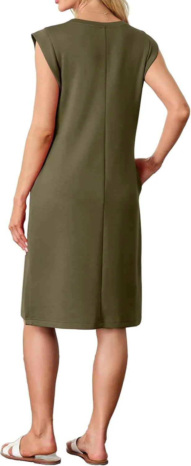 Womens Summer Mini Dress Loose Split Sleeveless Crewneck Midi Dress Lightweight Beach Vacation Tunic Dresses